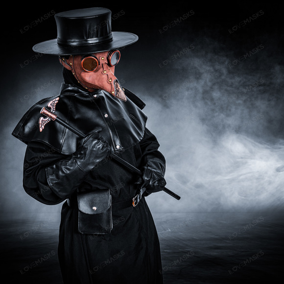 Plague Doctor with Bird Beak Mask & Flat Hat Full Costume Set - Brown